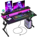TIQLAB Gaming Desk with Power Outlets & LED 40 Inch Ergonomic Computer Carbon Fiber Surface Gamer Desk, Large Monitor Stand, Headphone Hook, PC Workstation for Bedroom, Black