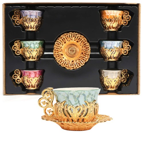 Alisveristime 12 Pc Turkish Greek Arabic Coffee Espresso Cup Saucer Porcelain Set (Gold)
