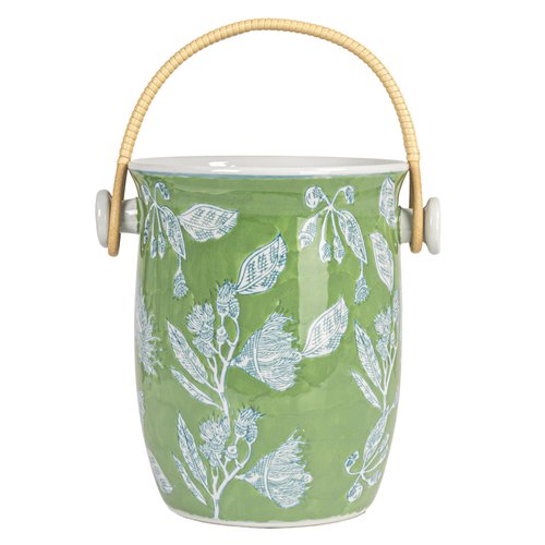Creative Co-Op Green Ceramic Wine Cooler with Bamboo Handles