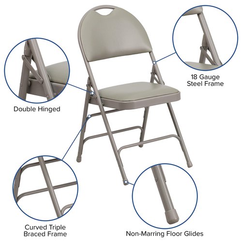 Flash Furniture 2 Pack HERCULES Series Ultra-Premium Triple Braced Gray Vinyl Metal Folding Chair with Easy-Carry Handle