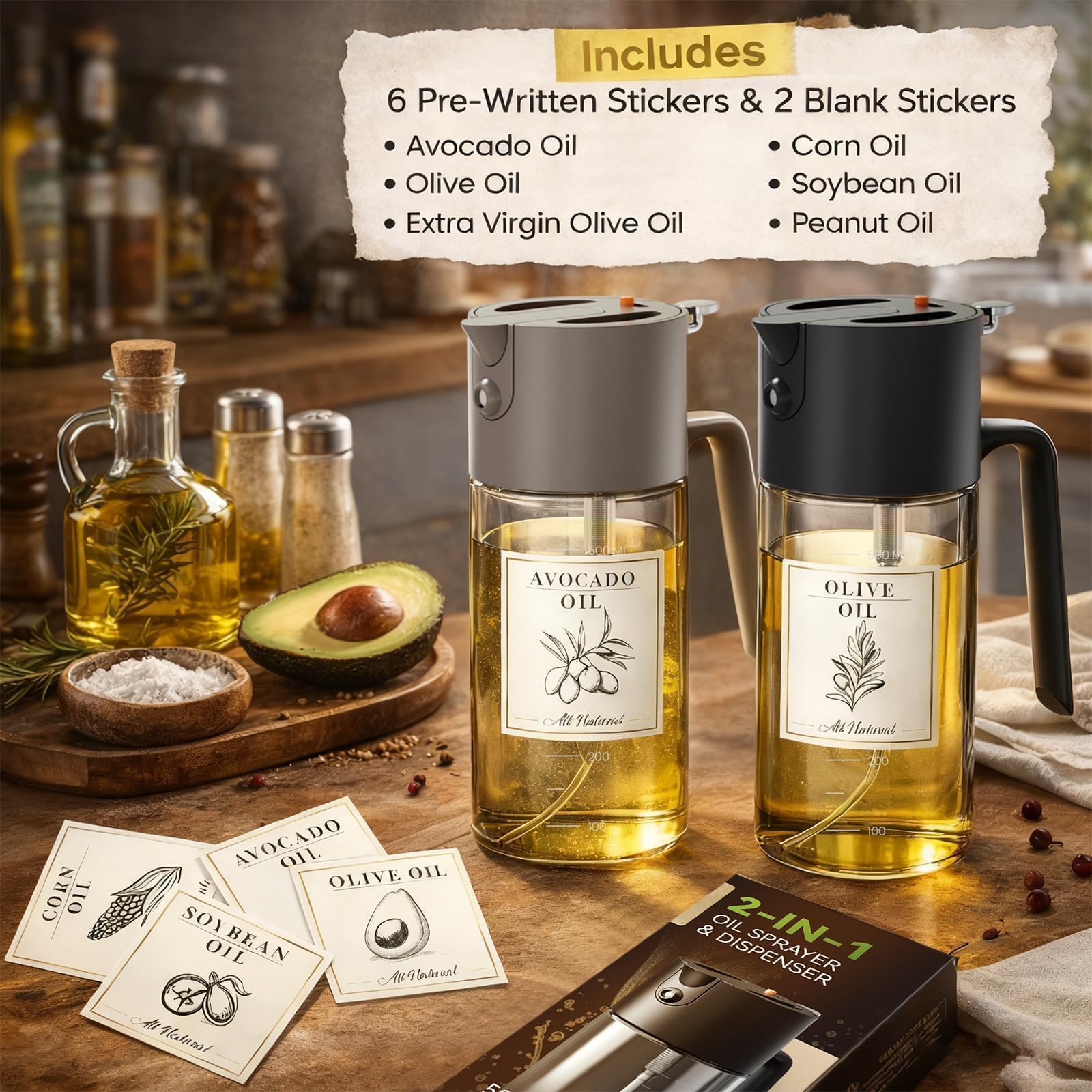 Costop Oil Sprayer for Cooking, 2025 Large Advanced Olive Oil Dispenser Bottle,500ml/17oz Glass Olive Oil Sprayer,2 in 1 Even Spray with Portion Control for Kitchen, Air Fryer, Salad, BBQ - Yellow