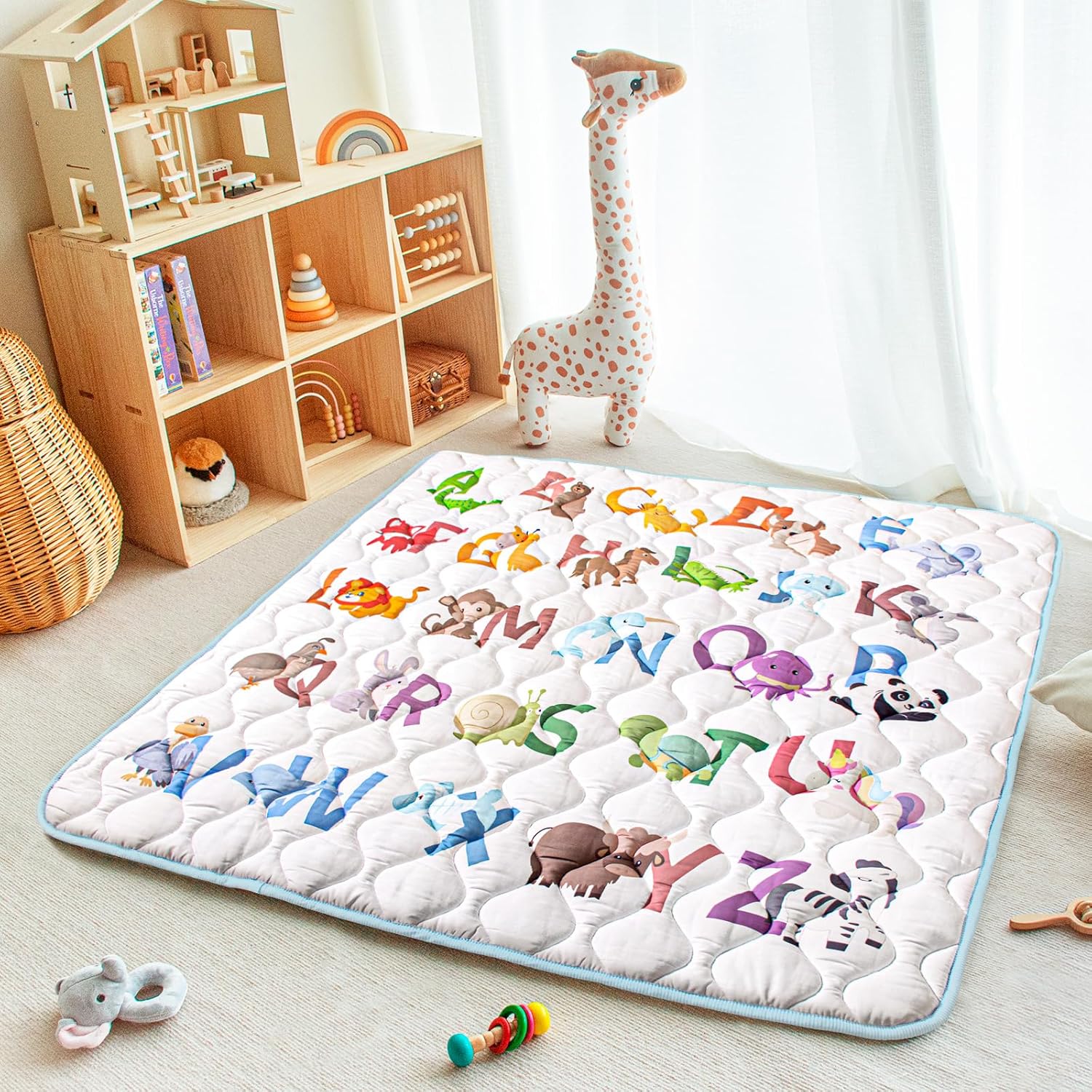 Skiennix Baby Play Mat - 50x50 Super Soft Activity Mat with Anti-Slip Bottom | Machine Washable, Animal Alphabets