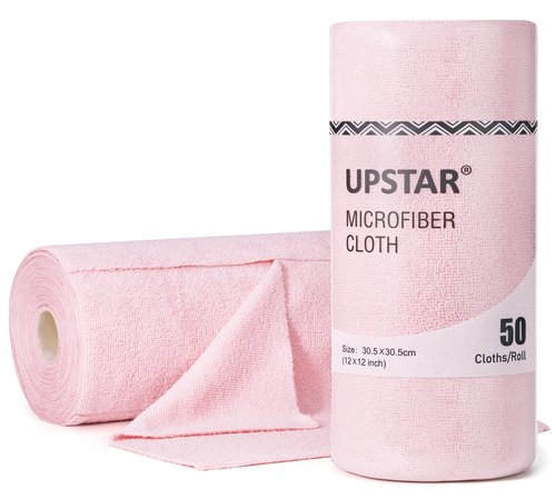 UPSTAR Microfiber Cleaning Cloth, Reusable Paper Towels Rolls, 50 Packs 12x12 inch Cleaning Rags for Washing Dishes, Kitchen, Bathroom, Car, Pink