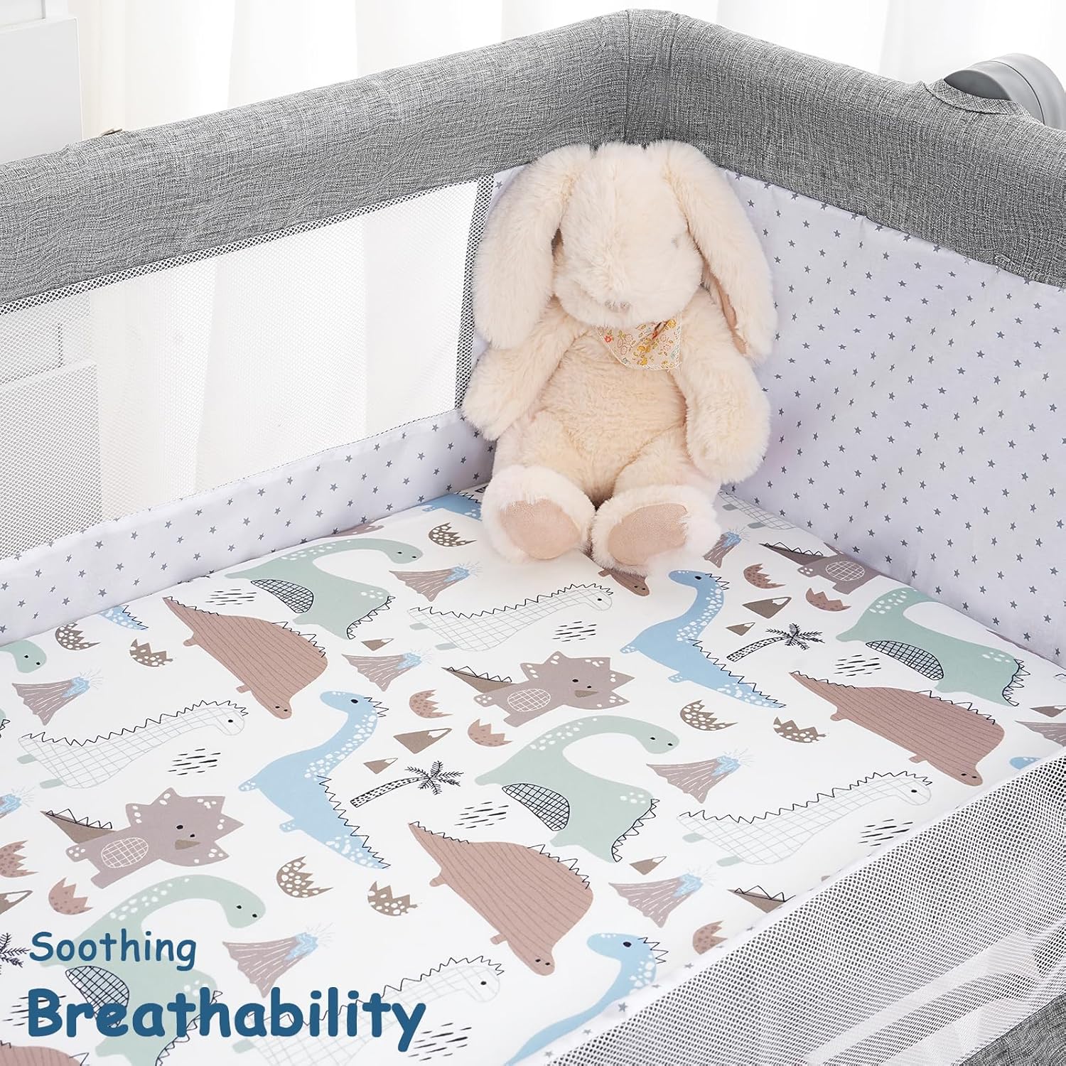 Yoofoss Bassinet Sheets - 3-Pack Fitted Sheets for Halo Bassinest & More | Soft, Breathable, Dark Blue & Dinosaurs