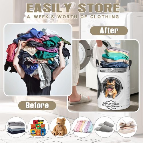 Funny Bulldog Laundry Basket Foldable Waterproof Oxford Cloth Animal Dog Laundry Hamper Clothes Storage Bucket Toy Organizer For Bathroom Bedroom Storage Basket 16.5"x18.9"