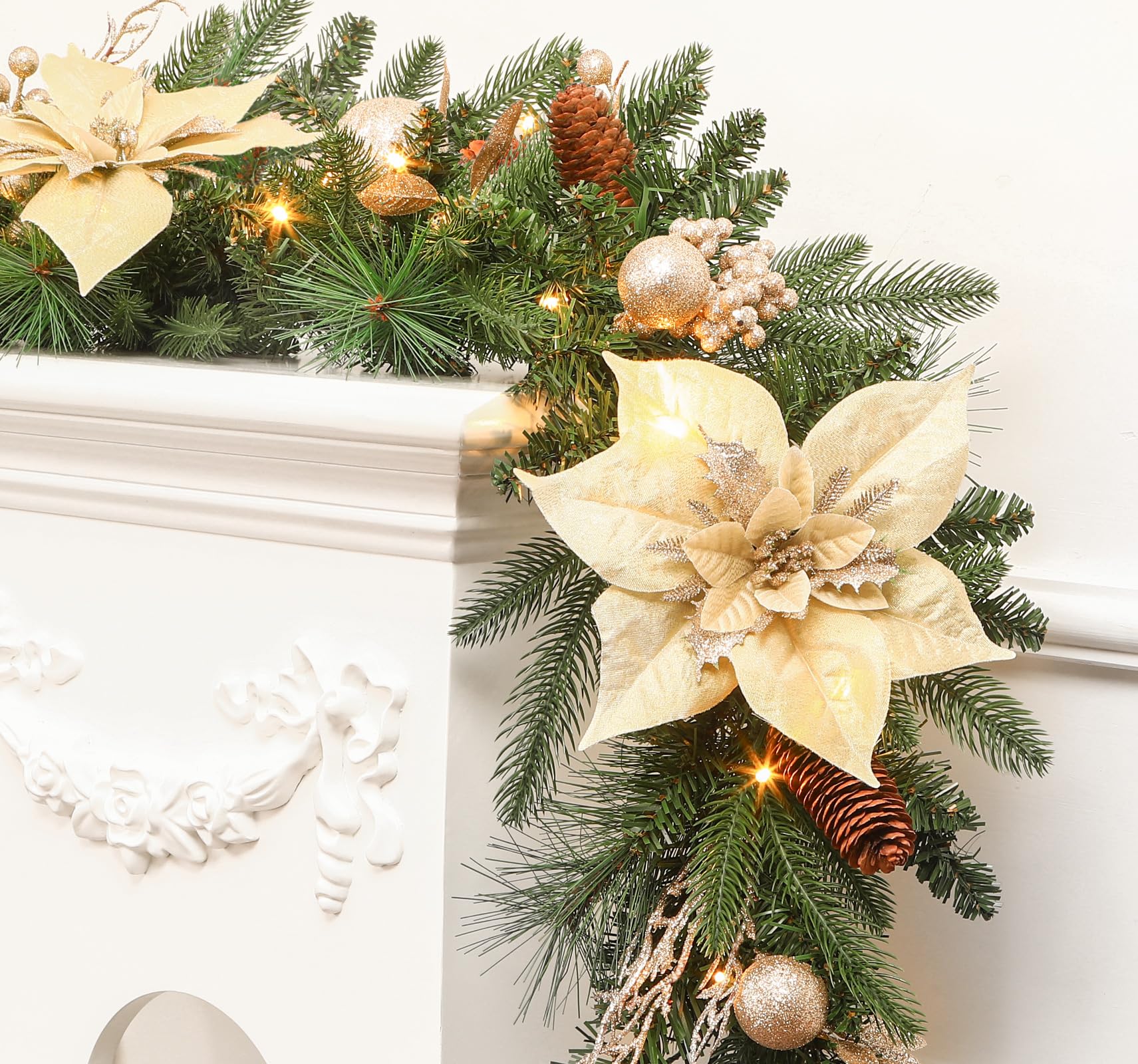SHareconn 6FT Prelit Christmas Garland Decorations with Multi-Color LED Lights, Battery-Operated Timer, Lighted Garland with Ball Poinsettia for MantleTable Fireplace Stairs Railing Indoor Decor