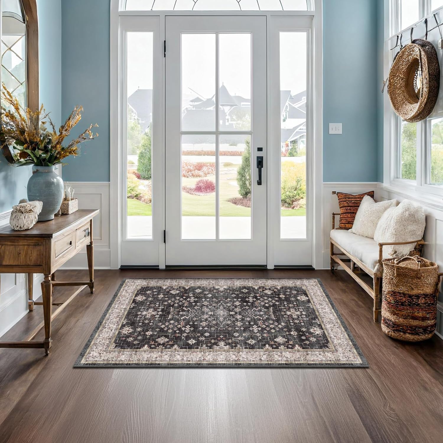 Skiennix Black Boho Washable Entry Rug - Non-Slip Rubber Backing | 3x4 Indoor Mat for Kitchen & Bathroom