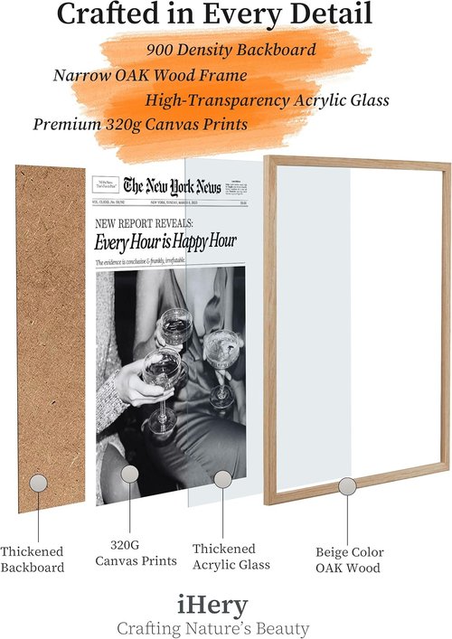 iHery Framed Newspaper Wall Art - Trendy Retro New York Prints | Natural Oak Wood, Large 16x20in for Bedroom & Living Room