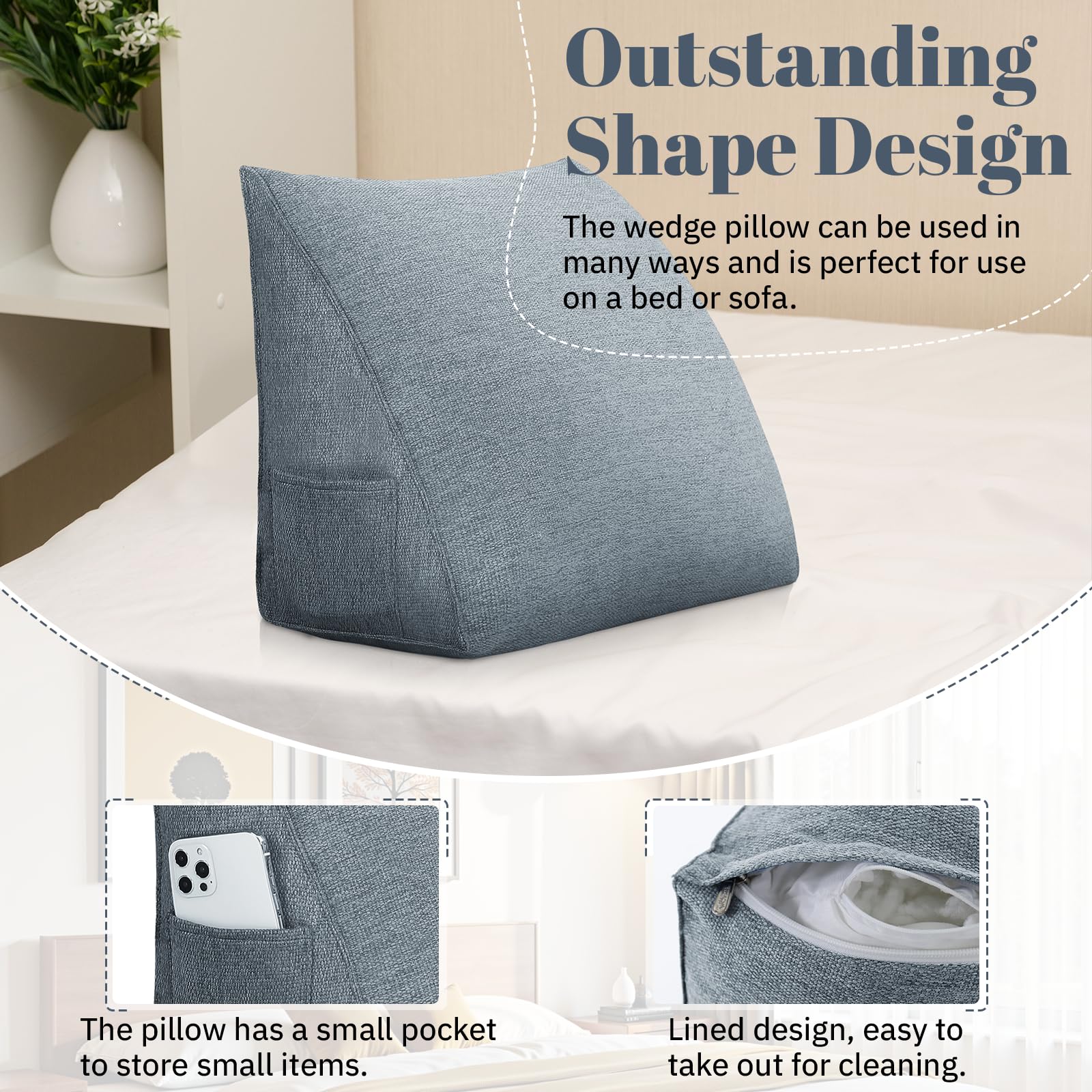 LELEFIDO Wedge Pillow Headboard Reading Pillow Triangular Backrest Support Pillow for Sitting in Bed Positioning Support Pillow for Sofa Daybed Removable Cover