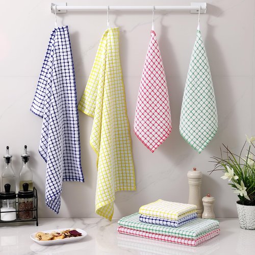 Homaxy Kitchen Towels and Dishcloths Set, 16 x 25 and 12 x 12 Inches, Set of 8 Cotton Terry Kitchen Dish Towels, Super Soft and Absorbent Dish Cloths, Blue/Yellow/Red/Green