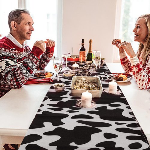 20 Pcs Linen Cow Print Table Runner Black and White Farm Cow Print Tablecloth Western Barnyard Cowboy Themed Table Cloths for Birthday Party Decorations Home Kitchen Table Supplies ( 13 x 72 in)