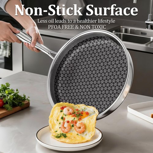 KURRUNGIE Hybrid Non Stick Frying Pans, 10-inch Stainless Steel Frying Pans with Tempered Glass Lid, 5 Ply Induction Cookware, Dishwasher-Friendly, Oven-Safe Up to 800°F, Compatible with All Cooktops