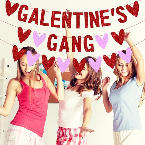 ricluck Galentines Gang Banner Decorations, Red Heart Banner Girls Ladies Celebration Valentine Fireplace Decor Valentine's Day Party Supplies
