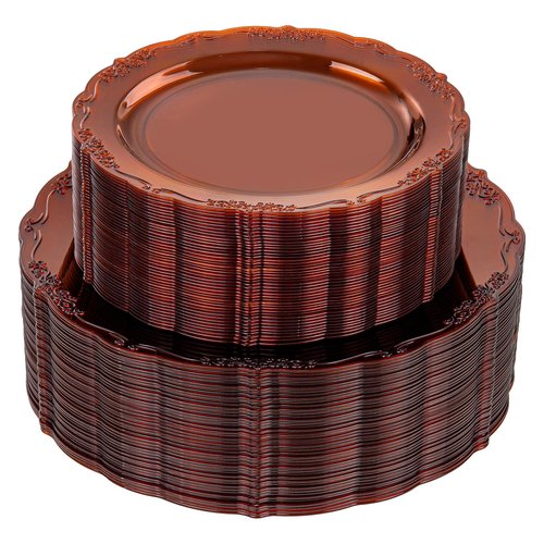 U-QE 100PCS Amber Plastic Plates - Clear Brown Plastic Plates Disposable Heavy Duty - Disposable Plates for Party Including 50PCS 10'' Dinner & 50PCS 7.5'' Dessert Plate