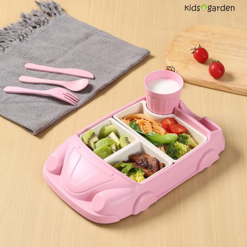 Kids garden Car Plate 8Pcs/Set Bamboo Children Dinnerware Sets - Dishwasher/Microwave Safe Includes Cutlery, Beautiful Plate, Separable Bowls & Cup Happy MealTime, Pink