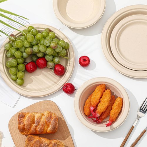 Havawish 300 Pcs Compostable Paper Plates and Bowls Set 7 Inch 9 Inch Disposable Plate 12oz Biodegradable Bowls for 100 Guests Party Dinner Party Supplies Bulk