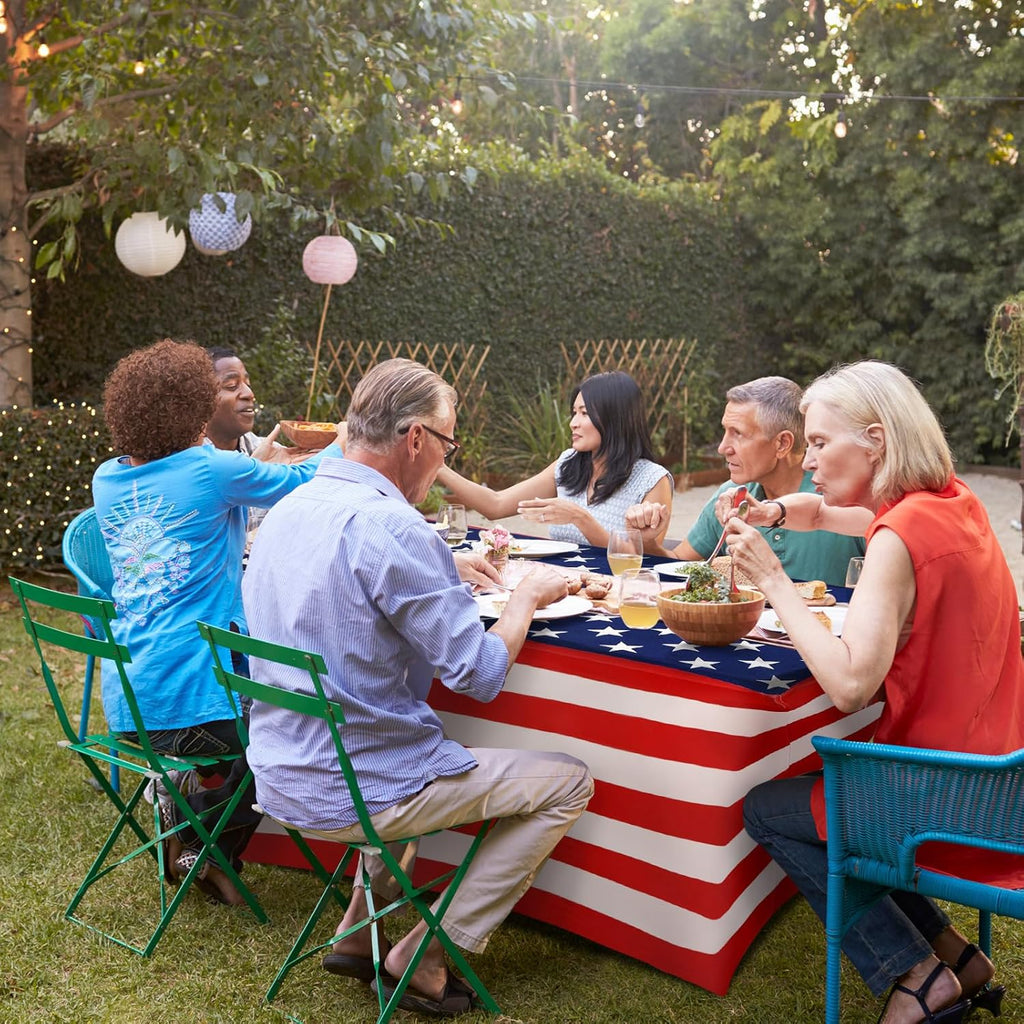 Oudain 2 Pcs Stretch Table Covers - Patriotic Red, White & Blue Spandex for 4th of July Celebrations | 6 Feet
