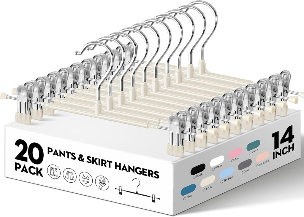 Skiennix 14-Inch Pants Hangers - Adjustable Metal Clips for Non-Slip Skirts & Trousers | 20-Pack