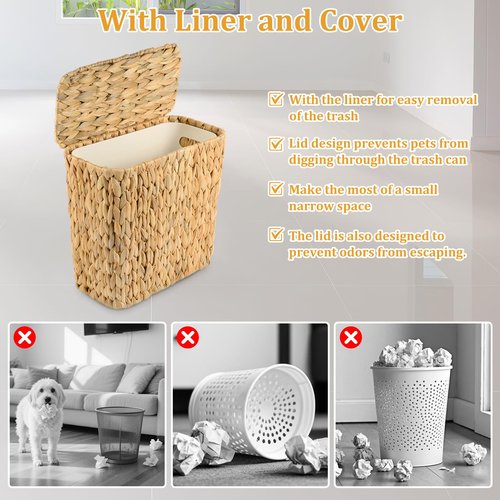 ZUNKNOD Wicker Trash Can with Lid and Liner, Handwoven Wicker Waste Basket, Water Hyacinth Bathroom Trash Can, Boho Rattan Garbage Wastebasket for Bedroom Home Living Room Office Kitchen, 2.5 Gallon