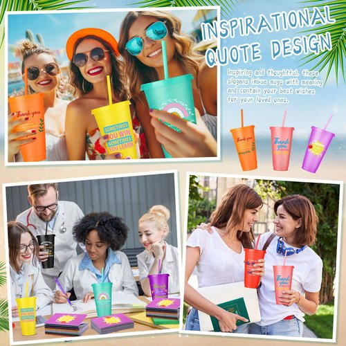 Feifeiya 72 Pcs/ 24 Set Thank You Gifts Bulk 24 oz Employee Staff Dispatcher Appreciation Tumbler with Lids and Straws Motivational Pens Inspirational Notepads Plastic Cup Gift (awesome, Colorful 2)