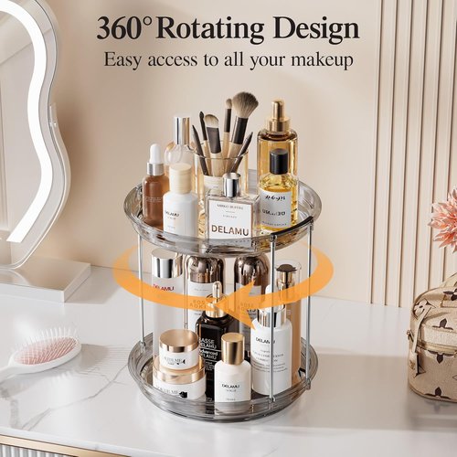 Delamu 2-Tier Rotating Makeup Organizer - Large Capacity Skincare & Perfume Holder | Grey