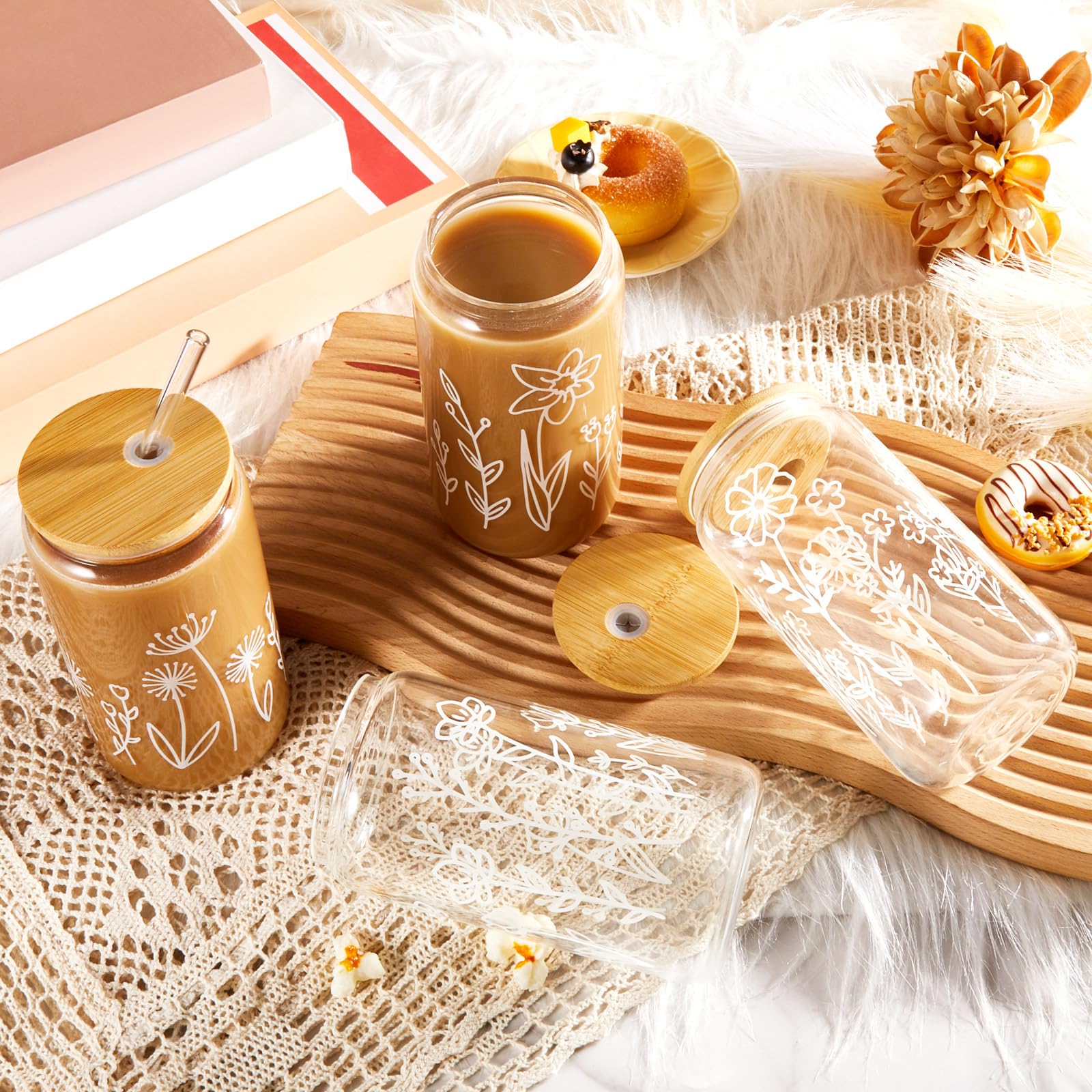 Mumufy 12 Pack Glass Cups Gift Aesthetic Cute Glass Cup Tumbler Flower Iced Coffee Mugs 16 oz with Bamboo Lid & Straw, for Wedding Birthday Bridesmaid Mom Baby Shower