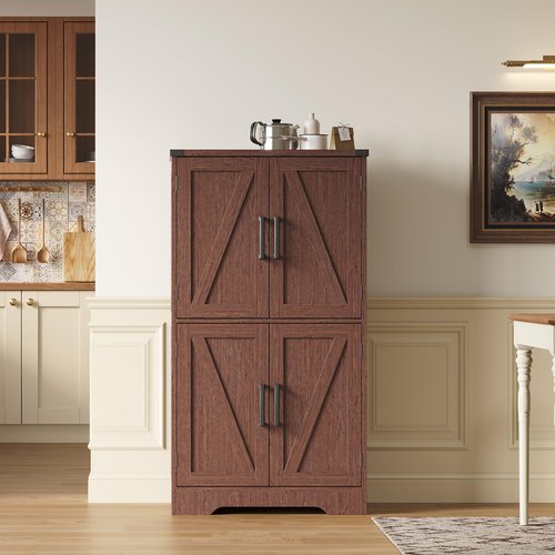 Treocho Bathroom Floor Cabinet, Farmhouse Bathroom Storage Cabinet with Doors and Adjustable Shelves, Freestanding Kitchen Pantry Cabinet, Cupboard for Living Room, Dining Room, Walnut