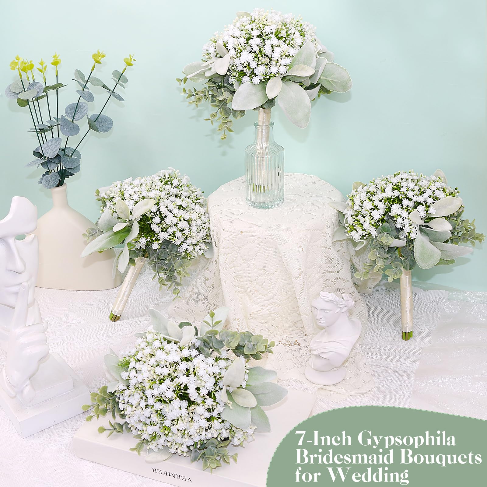 SEMONONIA Artificial Babys Breath Bridesmaids Bouquets Set of 4-7 Inch White Fake Gypsophila Bouquet for Bridesmaid, Real Touch Small Bouquet for Bridesmaids Wedding Bridal Shower Centerpieces