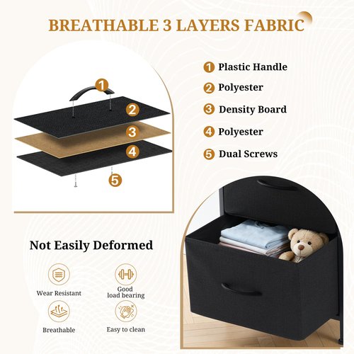 Accver Nightstand, 2 Drawer Dresser Bedside Storage Furniture, Small Dresser with 2 Drawers, End Table with Fabric for Bedroom, Closet, Entryway, College Dorm, Black