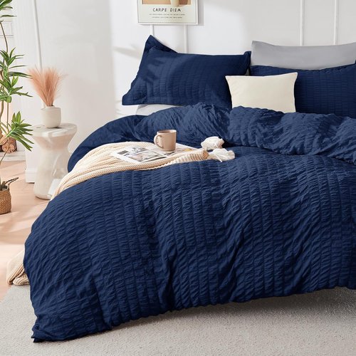 HYMOKEGE Comforter Set - Luxury All-Season 7-Piece Bedding in Navy Blue & Light Grey | Full Size