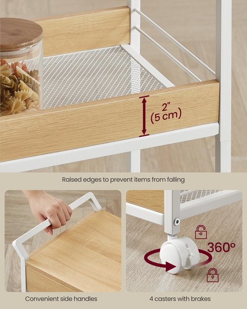 VASAGLE Storage Cart, 4-Tier Rolling Utility Cart with Table Top, Handles, 4 Lockable Casters, Top Drawer, Mesh Shelves, for Kitchen, Bathroom, Bedroom, Golden Oak and Cloud White ULRC049N01