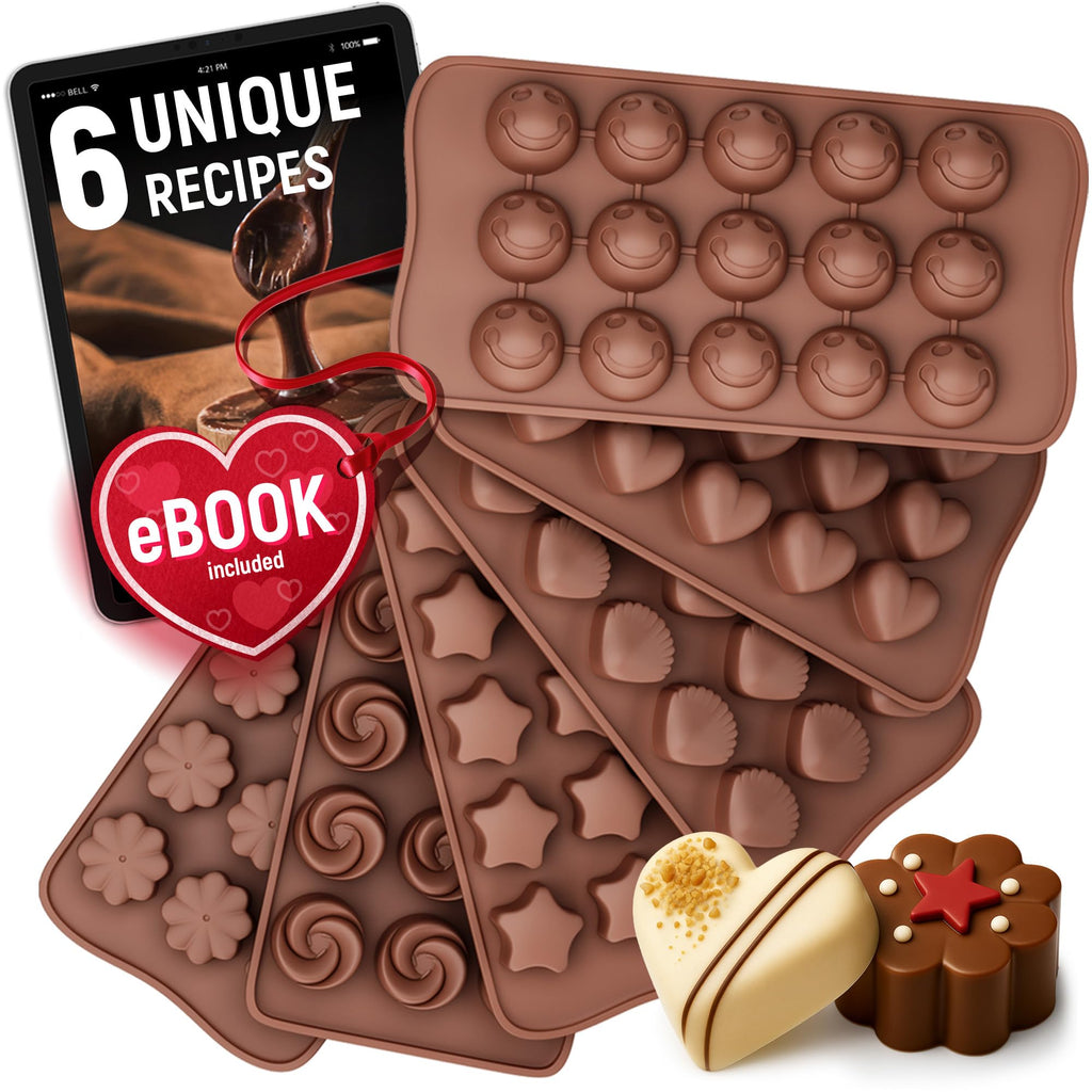 Chocolate Moulds Silicone - Set of 6 - Non-Stick & Food Grade Silicone Chocolate Mould for Jelly Candies, Truffles, Bath Melts & Candles - Free Recipes eBook - Gift-Ready for St.Valentine