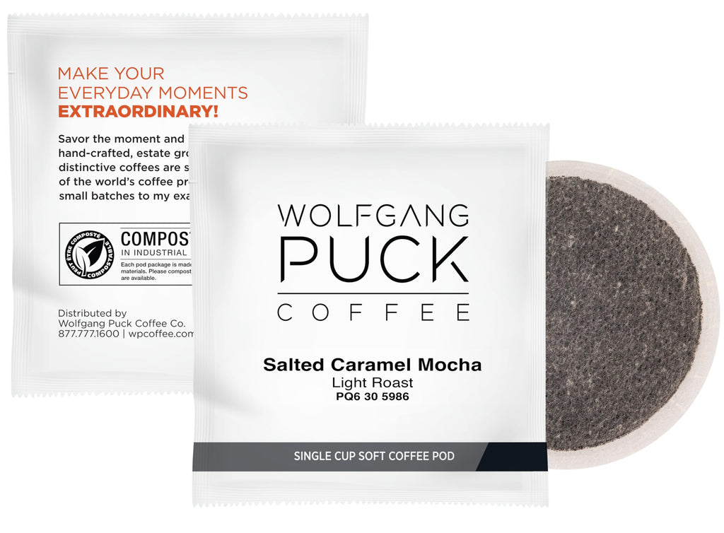 Wolfgang Puck Coffee, Salted Caramel Mocha, 9.5 Gram Soft Pods, 18 Count (Pack of 6)