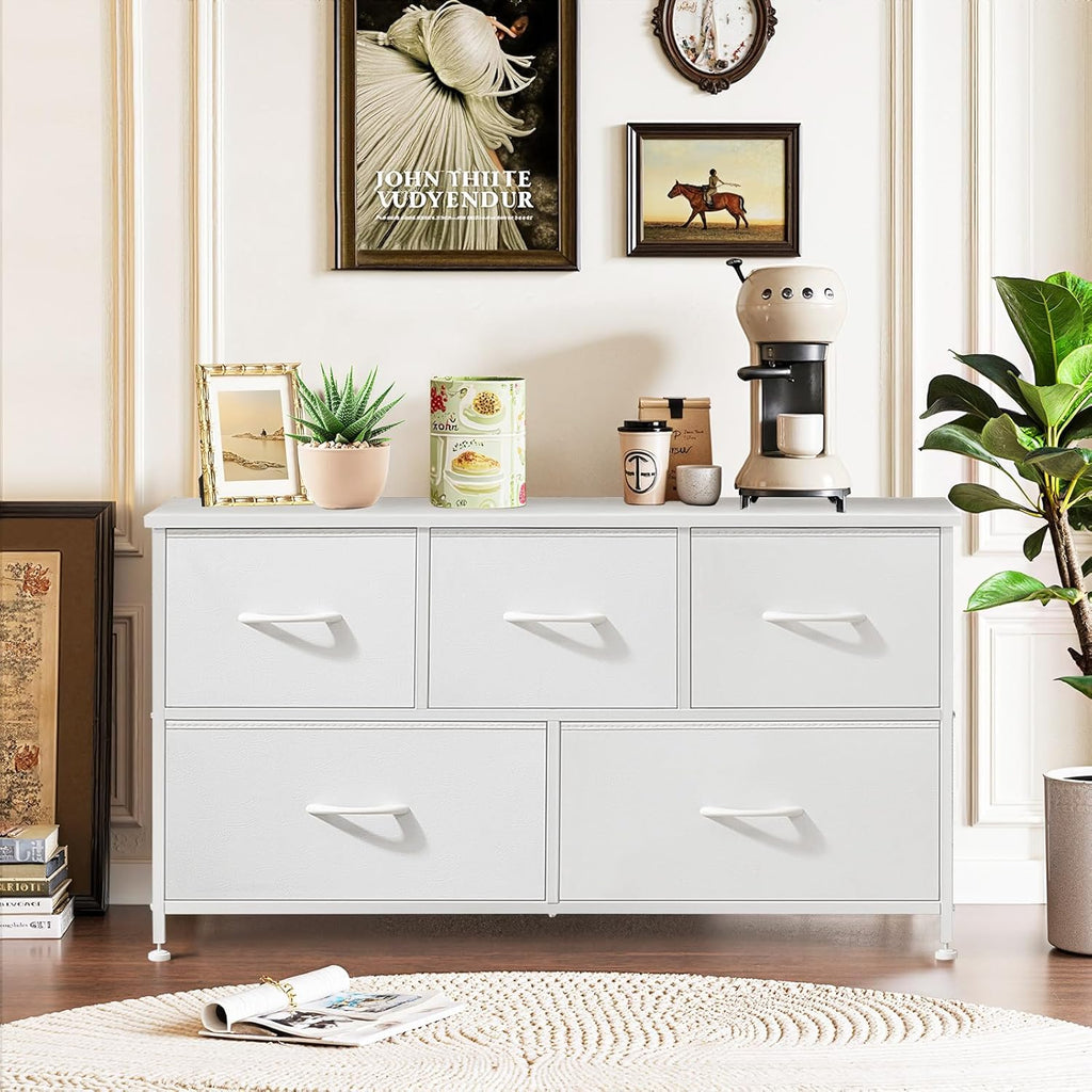 Regine Switzerland 5-Drawer Dresser - Anti-Tip Fabric Storage Organizer with Wooden Top | White Finish for Bedroom & Living Room
