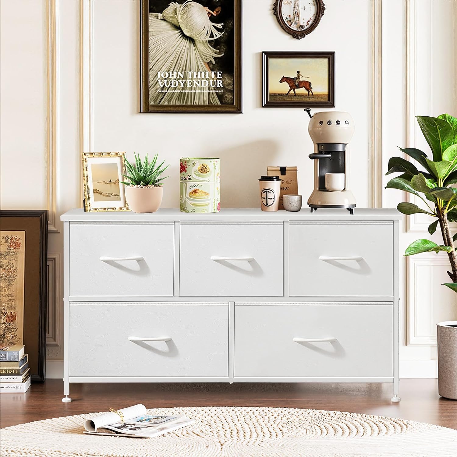 Regine Switzerland 5-Drawer Dresser - Anti-Tip Fabric Storage Organizer with Wooden Top | White Finish for Bedroom & Living Room