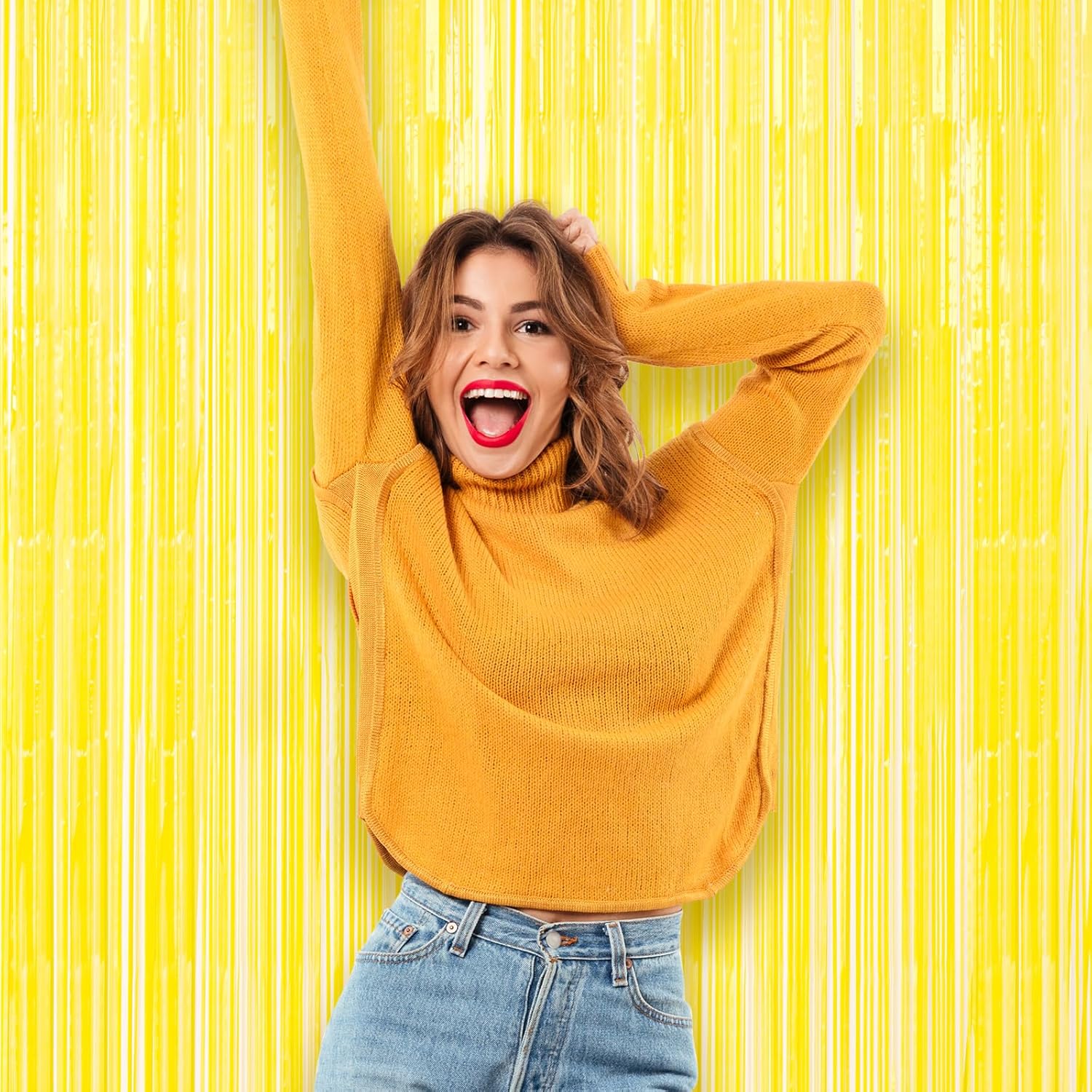 Voircoloria Foil Fringe Backdrop Curtains - 3 Pack of 3.3 x 8.2 ft Pastel Yellow Tinsel Streamers for Parties