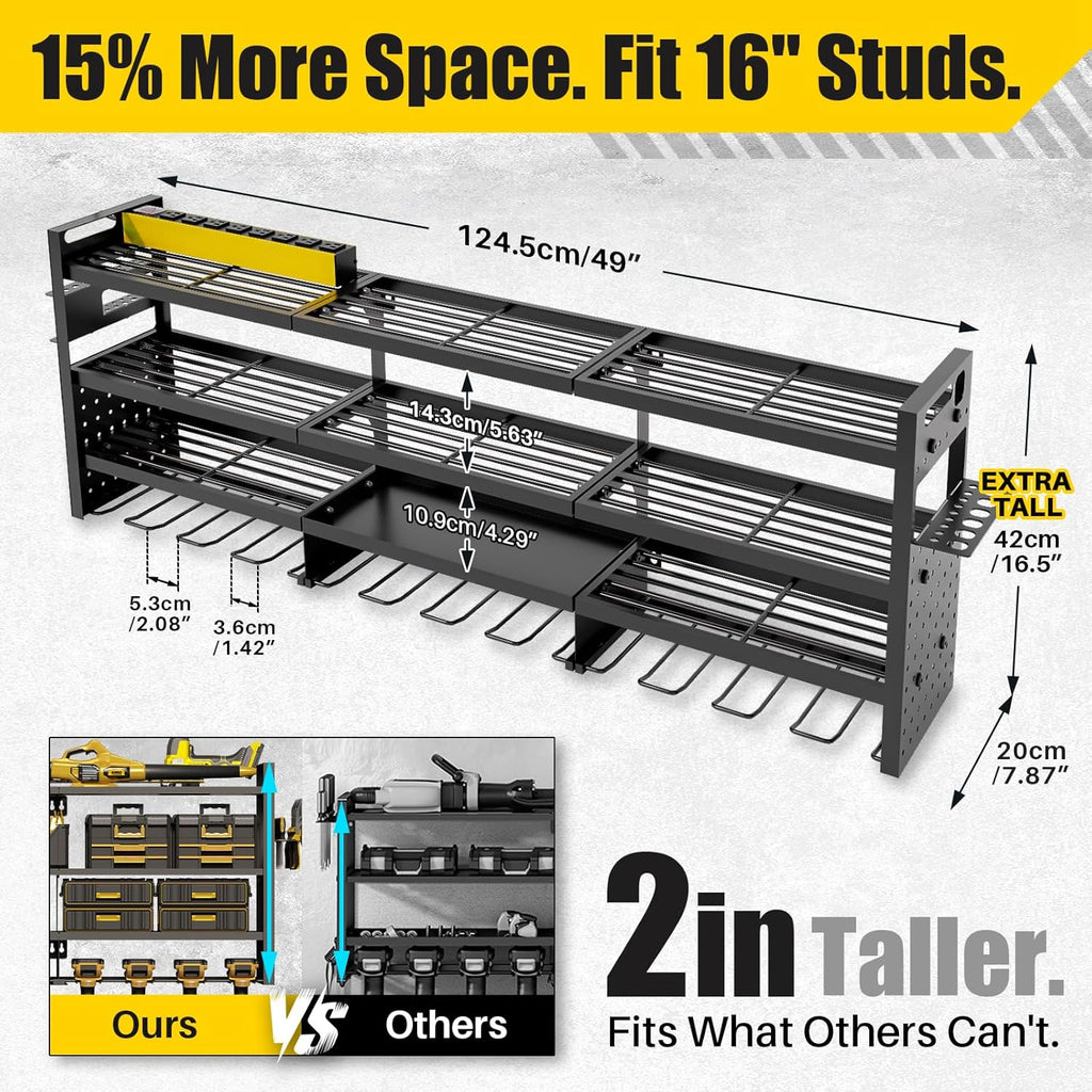 Power Tool Organizer - Wall Mount 8-Outlet Charging Station | Heavy Duty Garage Storage Rack