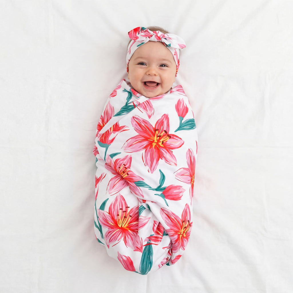 Moukeren 4 Sets Newborn Receiving Blanket Headband Set Baby Flower Swaddle Infant Sleepsack Nursery Blankets for Warm Shower Gifts, 4 Design