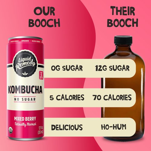 Liquid Remedy Kombucha Sugar Free Organic Drink, Low Calorie, Probiotic Like Tea for Gut Health - Mixed Berry - 12 Fl Oz Can, 4-Pack