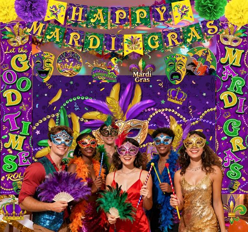 Mardi Gras Decorations Include Backdrop, Banner, Hanging Swirls, Porch Sign, Paper Pompoms, Honeycomb Centerpieces for Indoor/Outdoor Front Door Home Masquerade Party