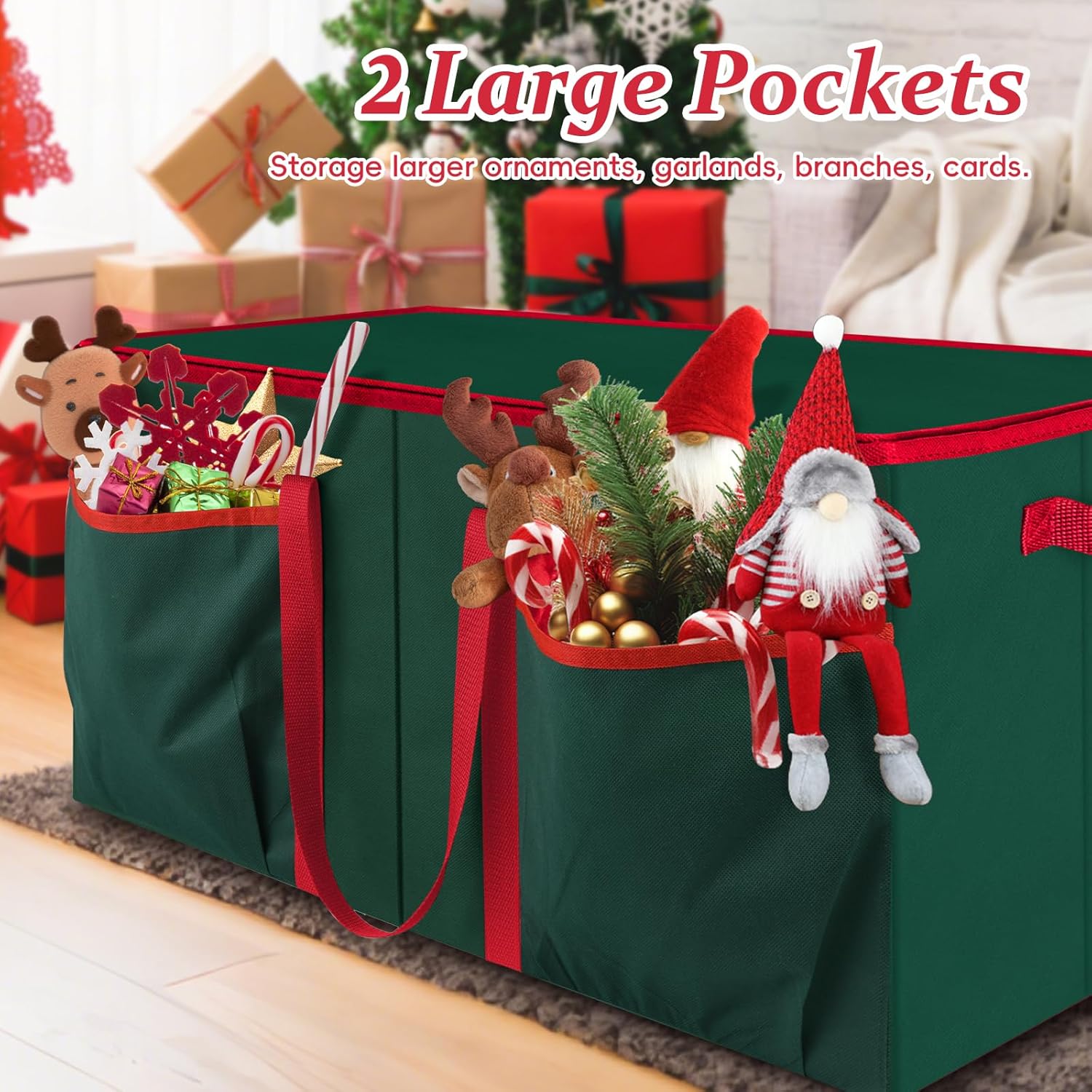 SeasonBliss Christmas Ornament Storage Box - Holds 128 Ornaments | Large, Sturdy Organizer with Adjustable Dividers & Zipper, Green