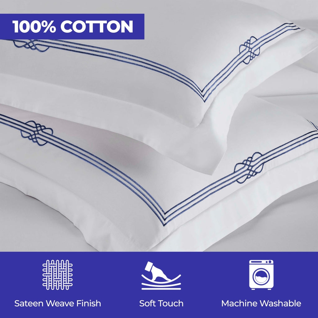 Superior Embroidered Cotton Duvet Cover Set, Soft Bedding Covers, Bedroom, 1 Duvet Cover with Button Closure, 2 Pillow Shams, Elegant Design, Moonlawn Collection, Full Size/Queen Size, White/Navy Blue