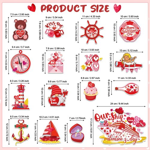 16Pcs Valentines Day Cruise Door Magnets Decorations Reflective Valentine's Day Cruise Ship Door Decor Magnetic Stickers for Carnival Cruise Refrigerator Cars Fridge Holiday Party