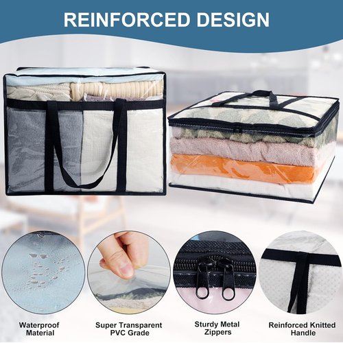 Clear Blanket Storage Bags by Skiennix - 6-Pack Vinyl Organizers with Reinforced Handles | 40L for Bedding, Clothing & Toys