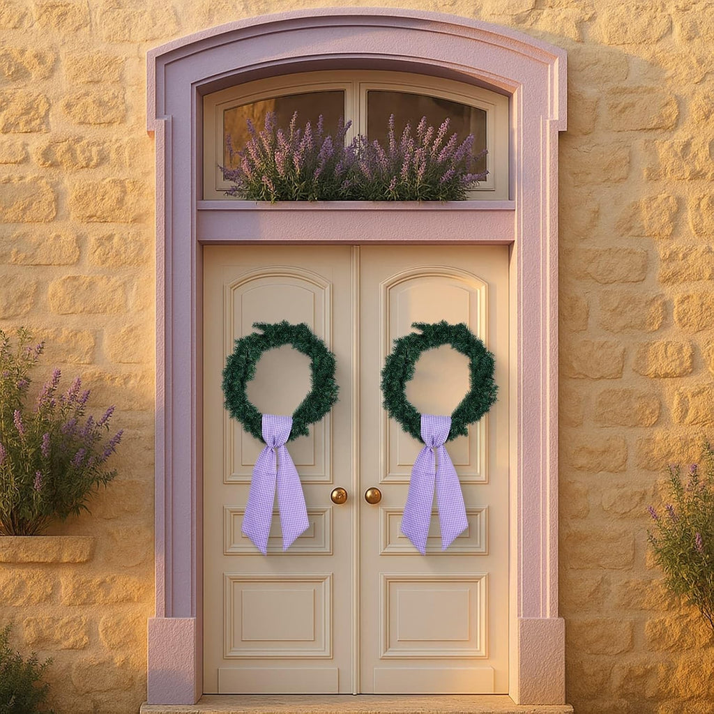 Purple Gingham Wreath Bow Set by Elegant Farmhouse - 2 Pack Door Decoration, 5.12" Wide x 54.33" Each