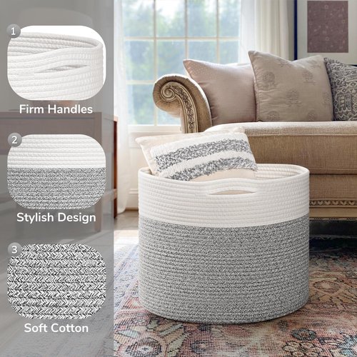 Goodpick Blanket Basket, 15.8"x15.8"x13.8" Woven Rope Basket for Blankets, Kids Toy Storage Organizer Bins, Toy Storage for Nursery, Light & Grey