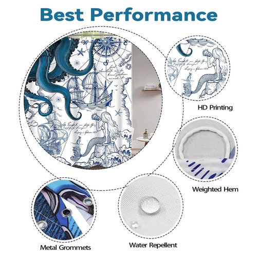 Hopomoon Blue Nautical Octopus Shower Curtain,Navy Blue Octopus and Mermaid Funny Ocean Kraken Waterproof and Moisture-Proof Bath Curtain Summer Decor with 12 Hooks 72 x 72 inch
