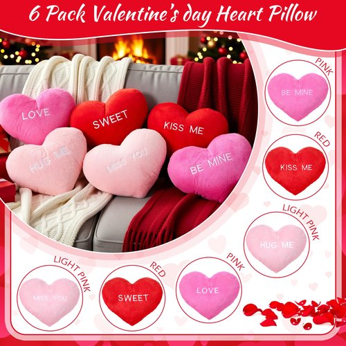Novabright 6 Pcs Valentines Day Heart Pillows 12", Love Heart Shaped Pillow Plush Throw Pillow, Cute Pink Pillows for Gifts Valentines Day Living Room Bedroom Decor(Conversation)