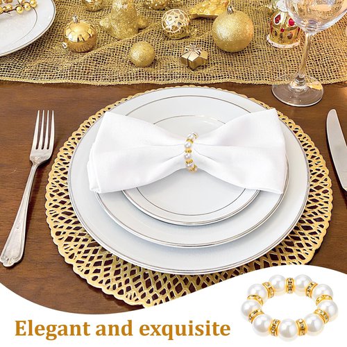 Yuanan 60pcs Gold Napkin Rings Pearl Gold Napkin Ring Disposable Napkin-Ring Imitation Pearl Ring Universal Napkins Holders for Cloth Napkins for Wedding Party Dinner Table Decor and Daily Use