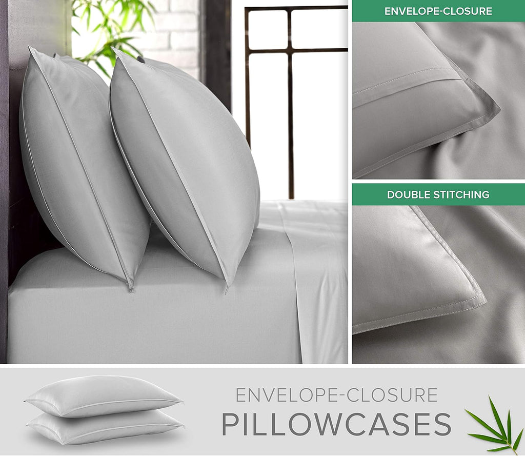 Pure Bamboo Queen Sheets - Luxuriously Soft & Cooling 100% Organic Viscose Bed Sheet Set | Silver Pearl, Double Stitching